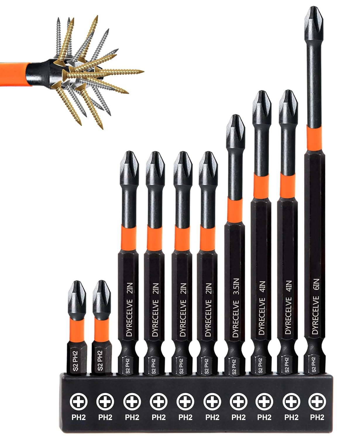 10-Pack Phillips Bits #2 Impact Magnetic, 1-Inch to 6-Inch Long Phillips Head