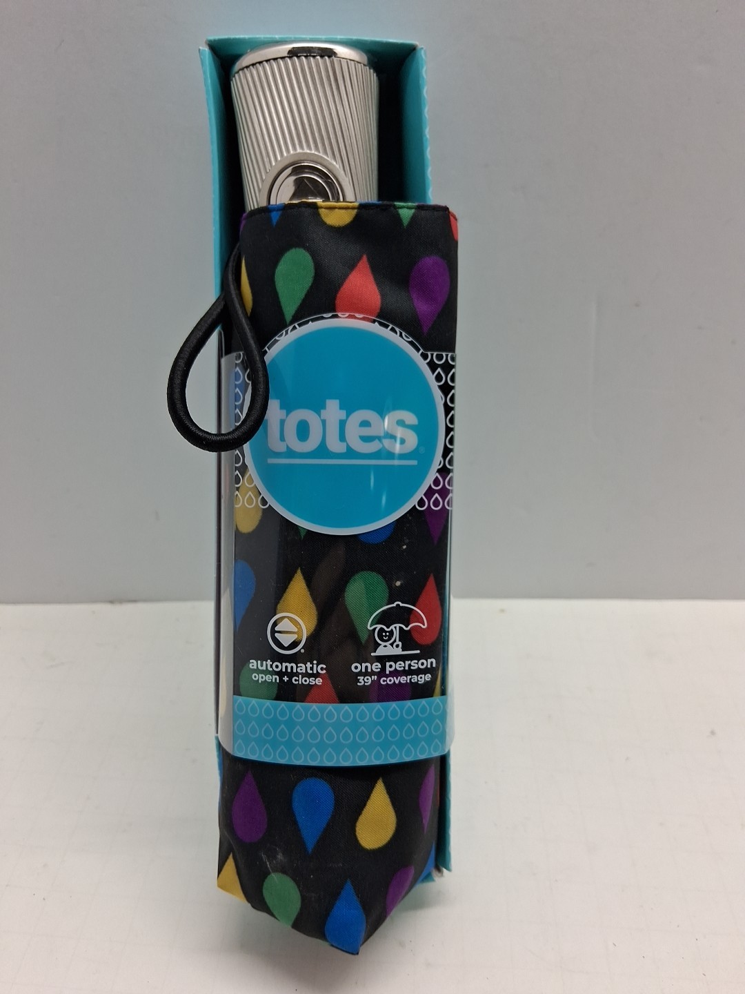 NWT Totes SunGard Auto Open/Close Never Wet Compact Folding Umbrella Raindrops