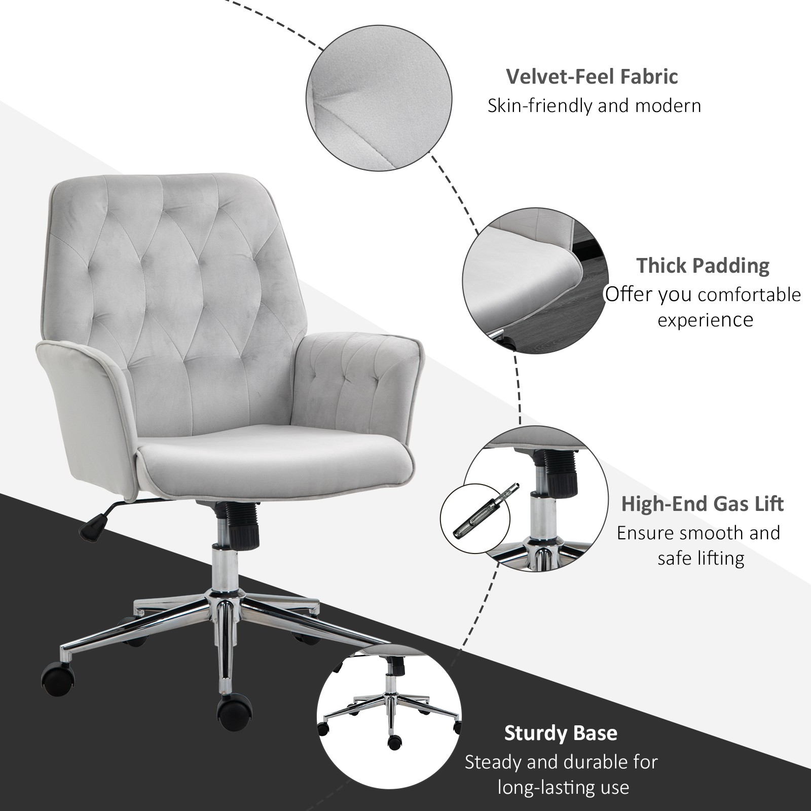 Vinsetto Swivel Computer Chair with Arm and Tufted Backrest, Light Grey