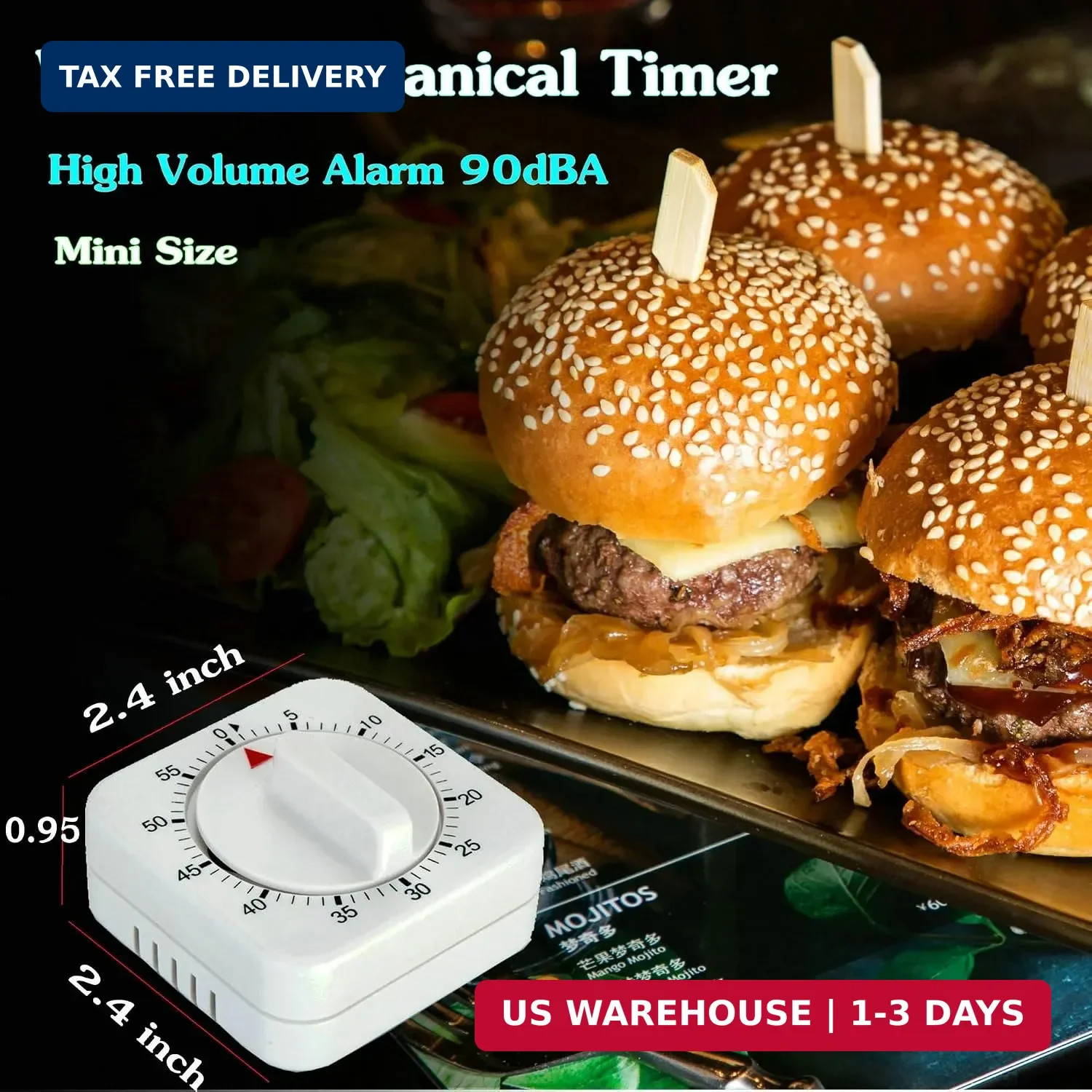Square 60 Minute Mechanical Kitchen Timer Visual Countdown Loud Alarm White