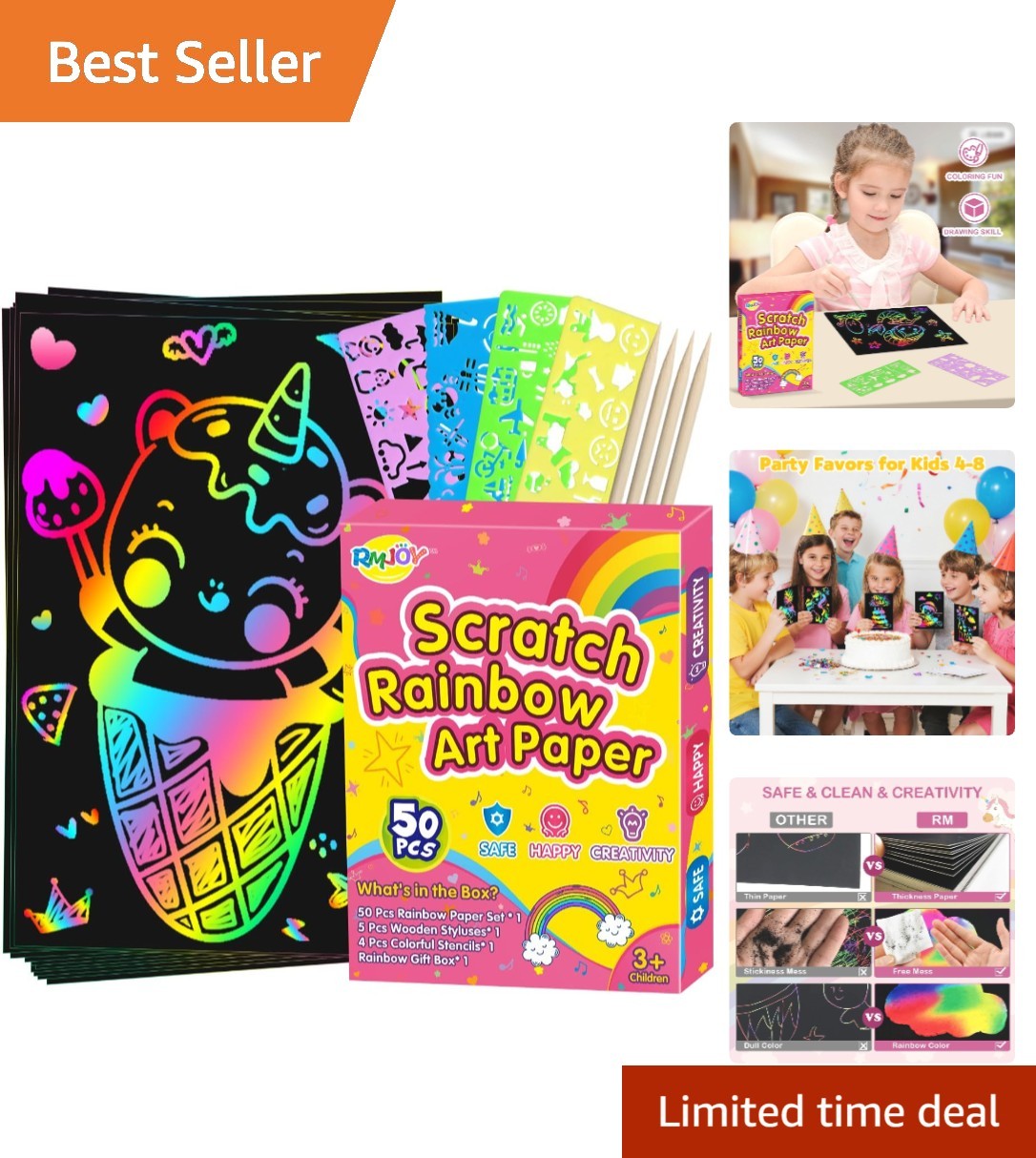 Creative Rainbow Scratch Art Set - 50 Scratch Papers with Stencils for Ages 3-12