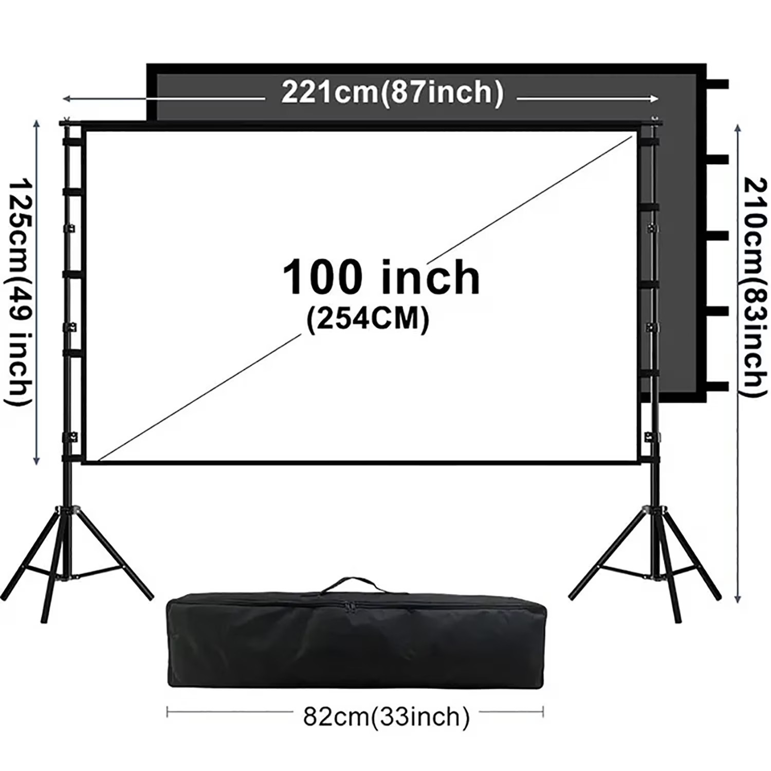 100 Inch Outdoor Projector Screen with Stand 4K HD Black Backing Portable
