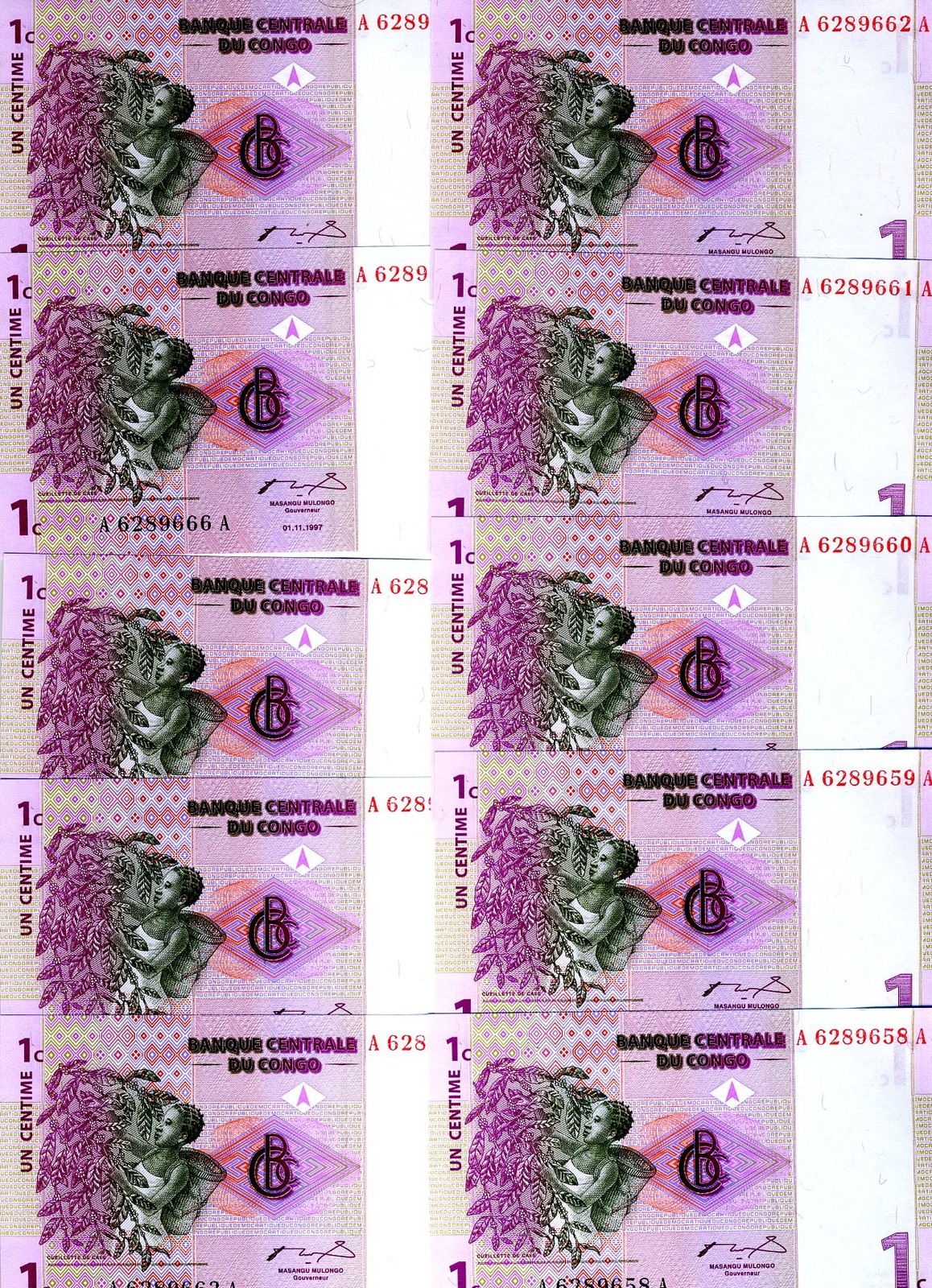 LOT, Congo D. R. 10 x 1 centime, 1997, P-80, UNC