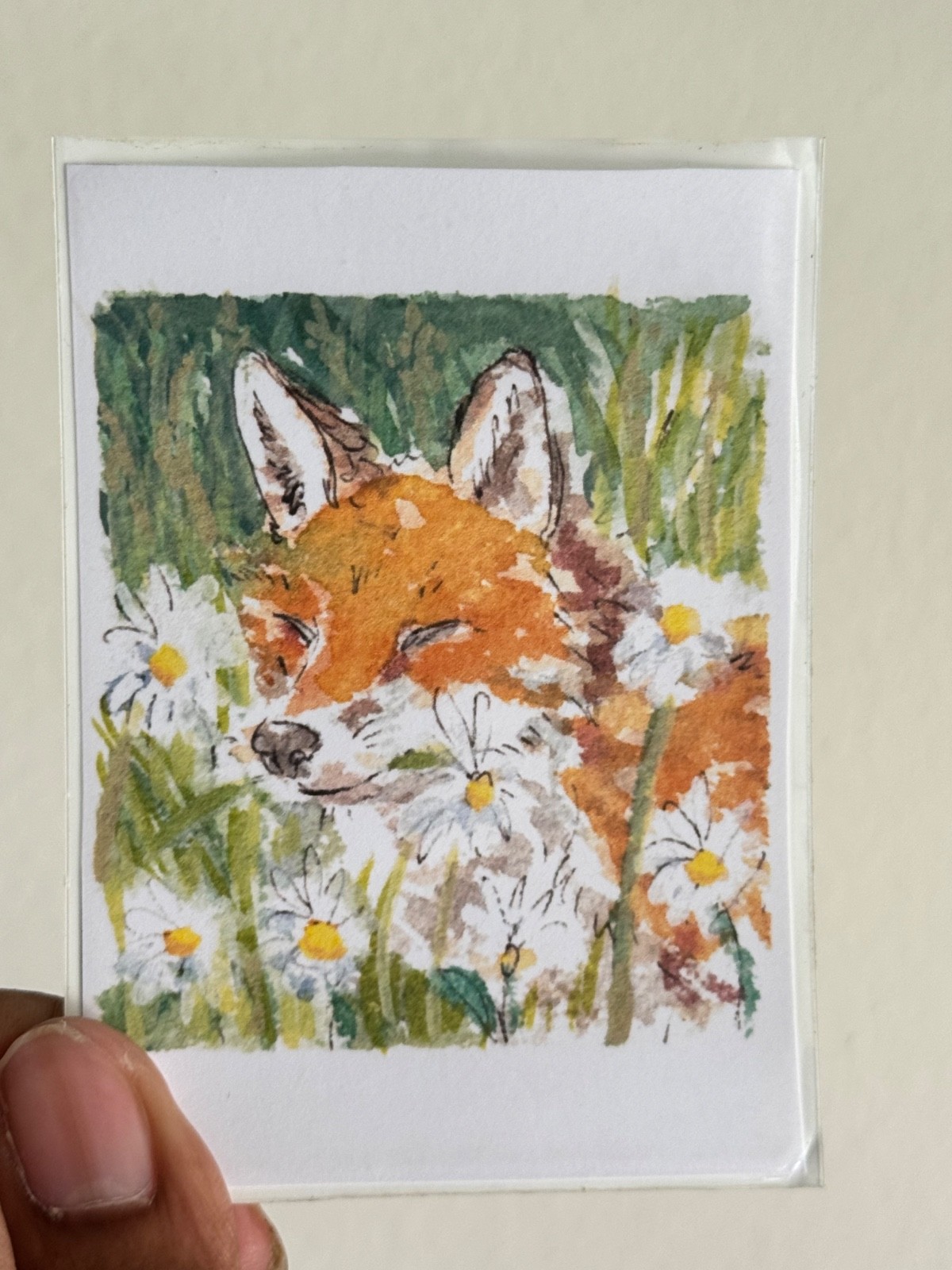 ACEO PRINT watercolor painting Fox in a Flower Field Fabled Day