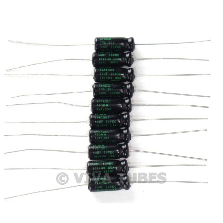 Lot of 10 New Sprague Atom 50uF 50V Electrolytic Capacitors 20% TVA-1308
