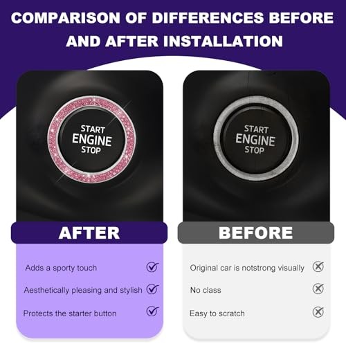 2PCS Car Bling Engine Start Ring Decal, Crystal Auto Push Start Button Pink