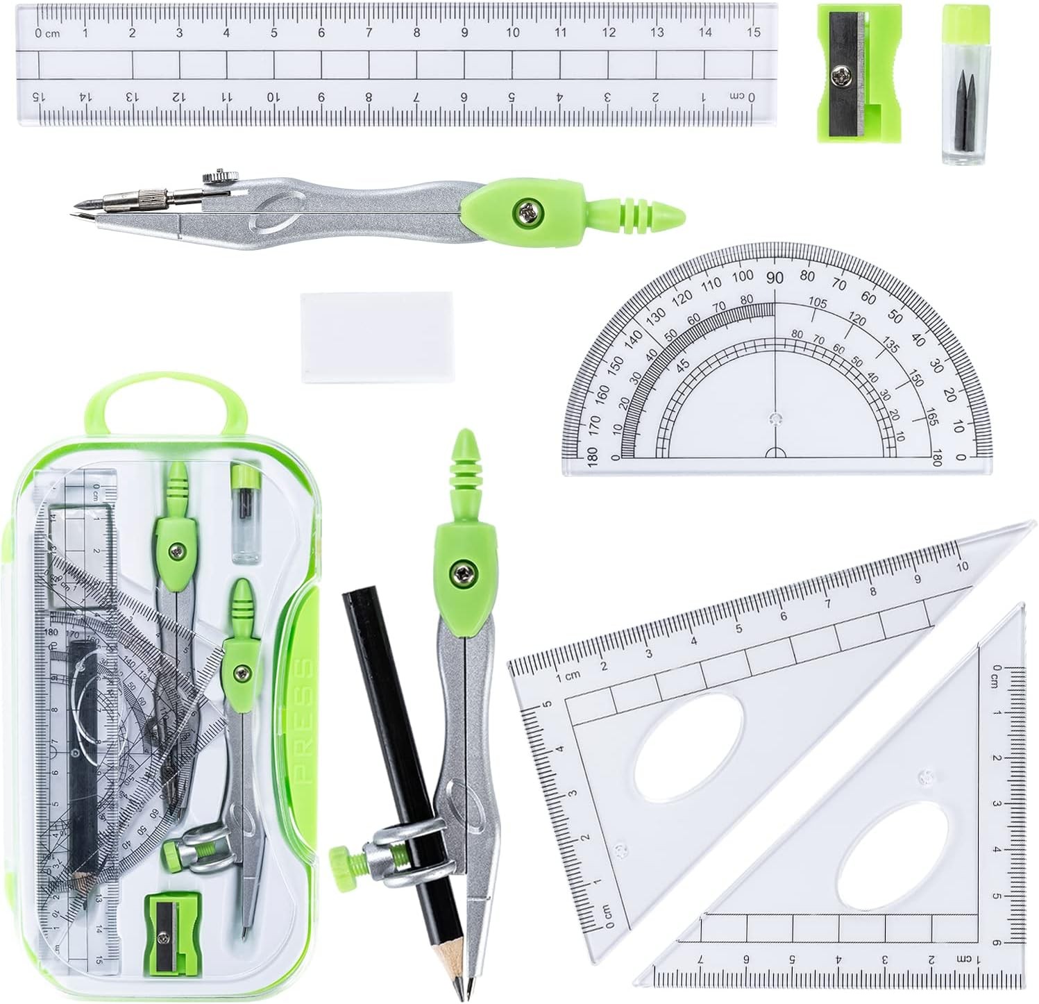 10 Pieces Math Geometry Kit Set with Shatterproof Storage Box, Student Green