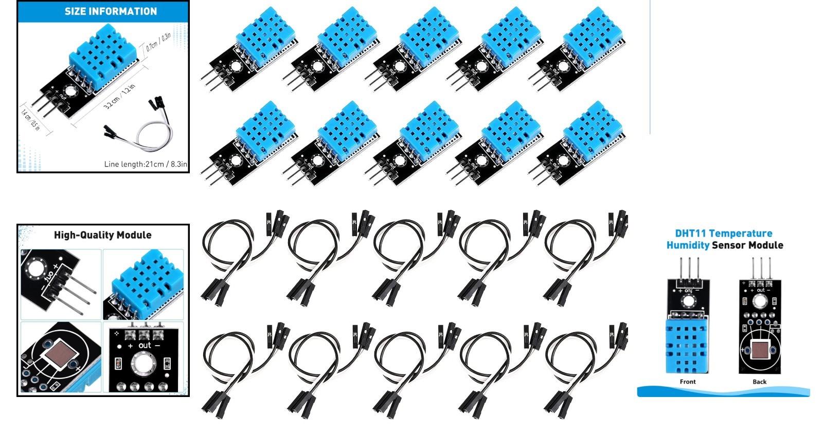 10-Pack DHT11 Temperature & Humidity Sensors - Easy Integration for Projects