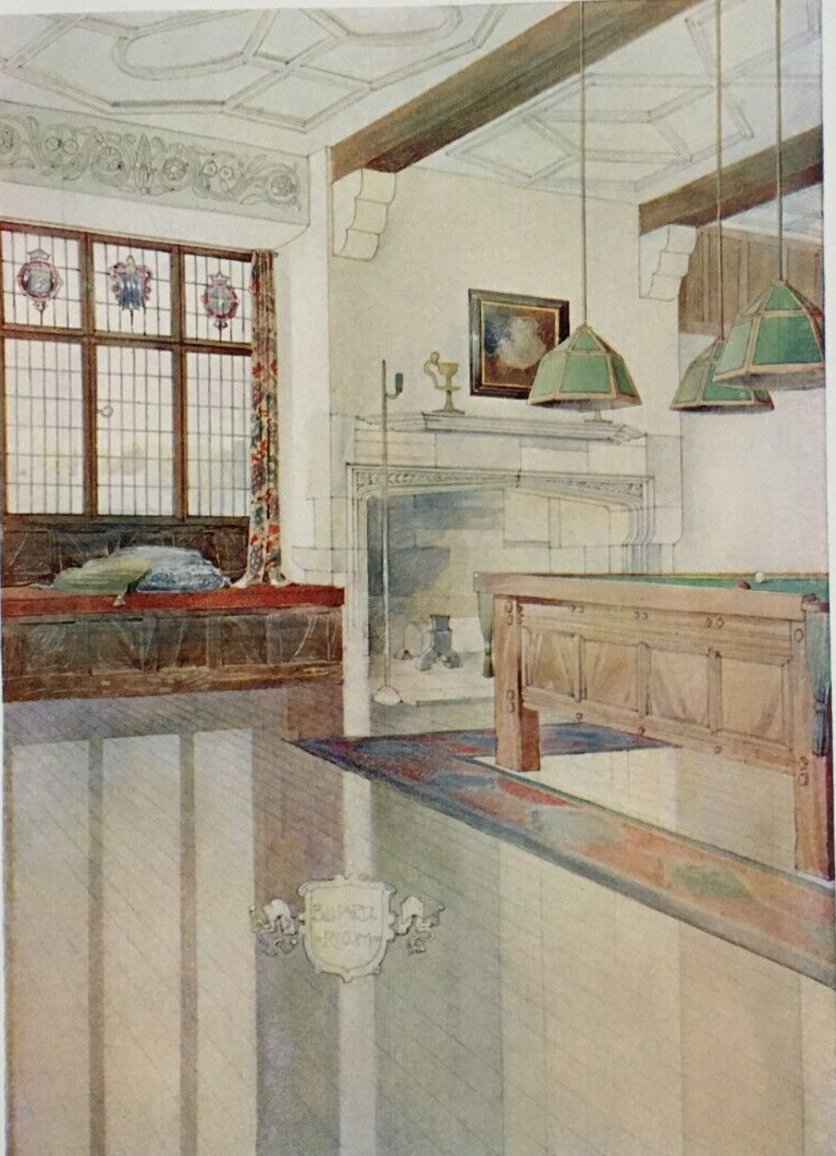 Art Nouveau Billiard Room Designed by M Adams-Acton - Antique Print 1913