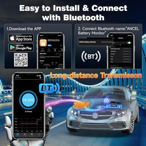 BM300 12V Battery Monitor - Bluetooth 4.0 Automotive Voltmeter - Black