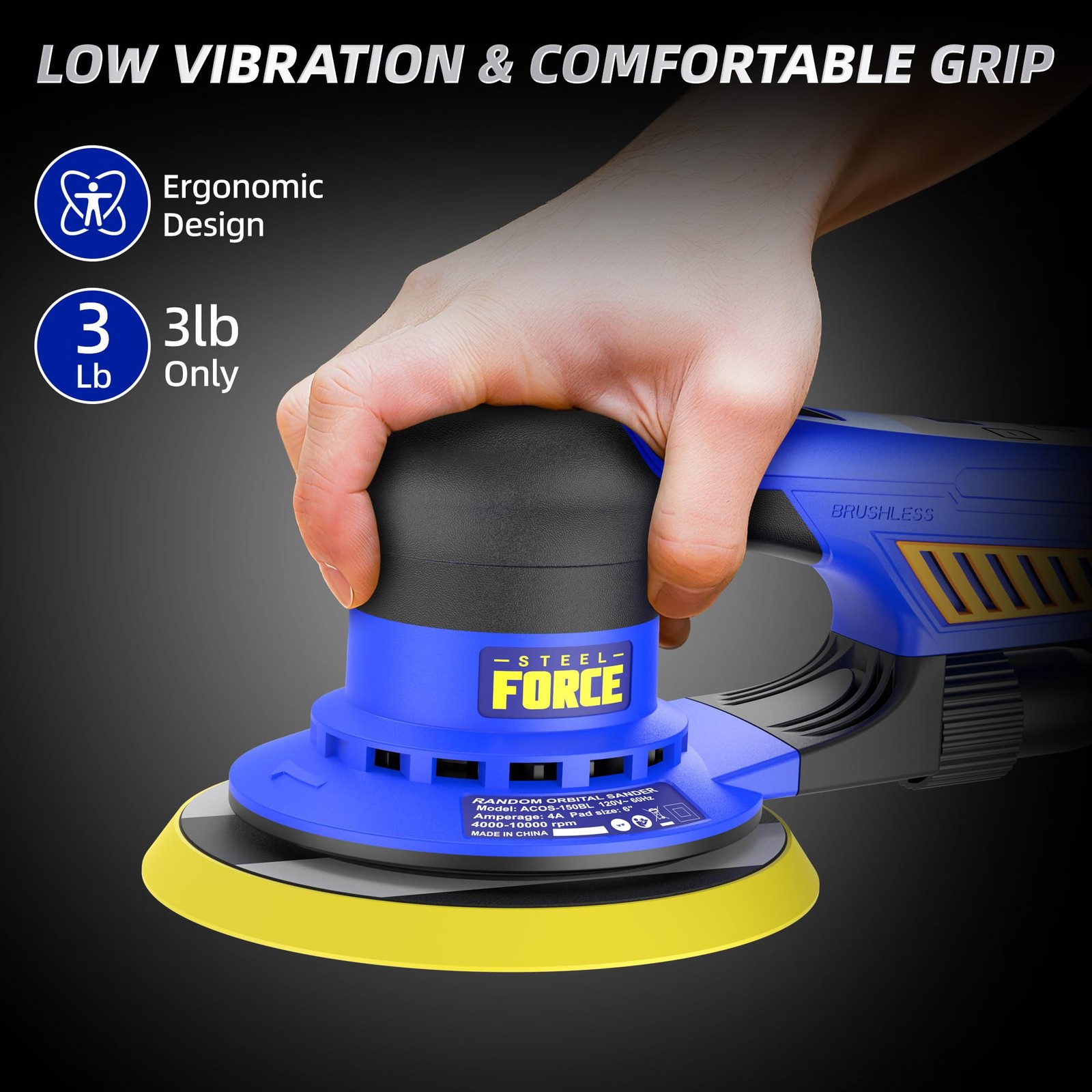 5mm Random Orbital Sander, Brushless 480W 4A, Multi-function Variable Speed E...