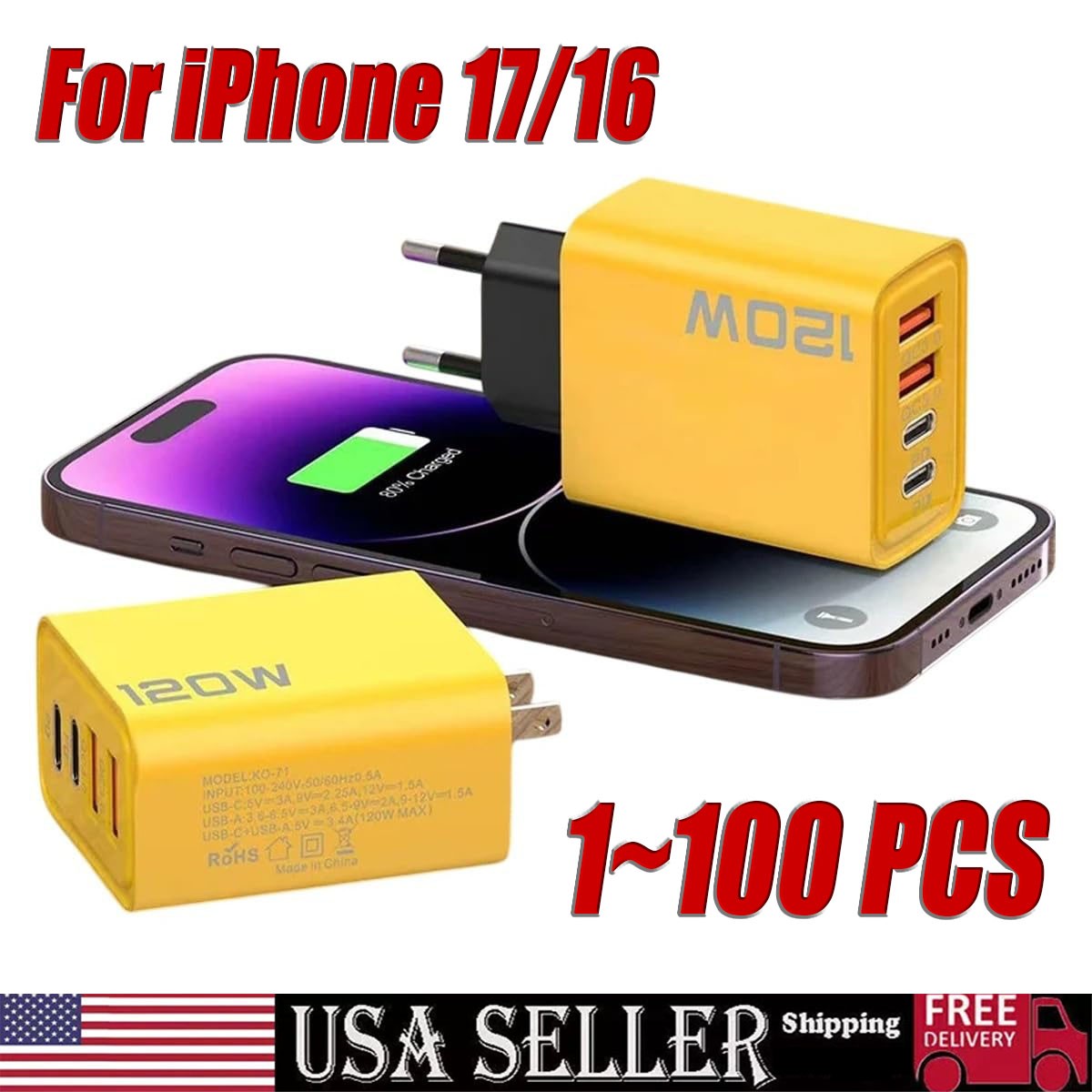 120W 4-Port USB C Fast Wall Charger Block For All Cell Phone iPad Lot