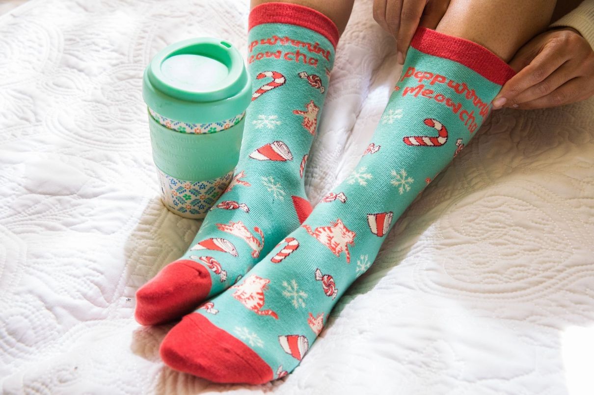 Women's Peppurrmint Meowcha Socks Funny Pet Cat Kitty Animal Lover Christmas