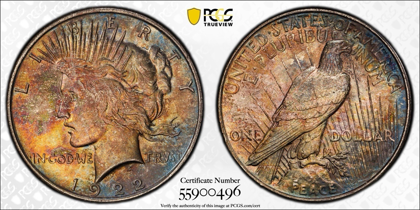 1922 Rainbow Toned Peace Silver Dollar. PCGS AU Details. Beautiful Rare Toning!