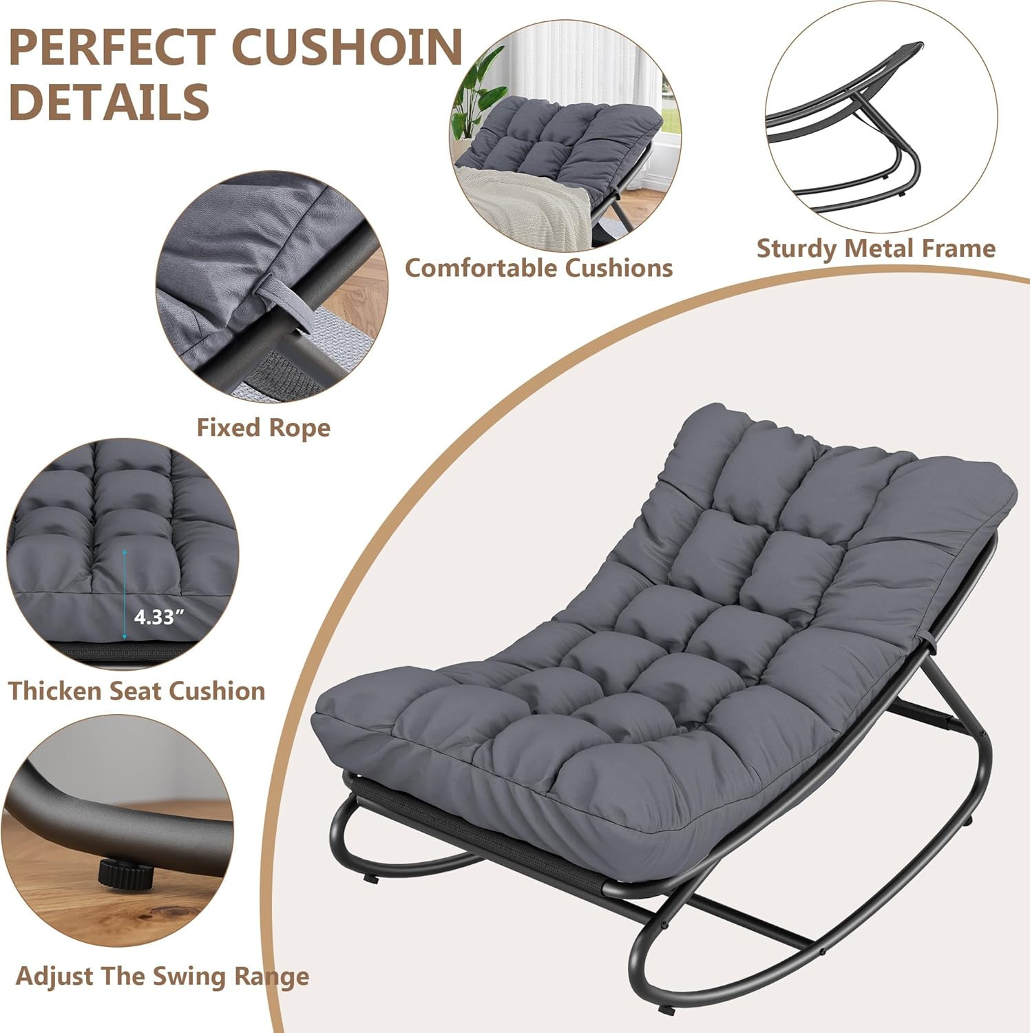 Papasan Rocking Chair, Indoor Outdoor Metal Patio Rocker with Comfy Cushion, 300