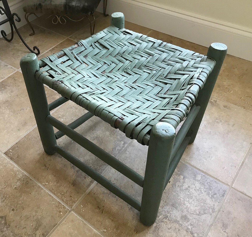 Vintage Cottage Farmhouse Green Shabby Chic Distressed Stool with Woven Seat