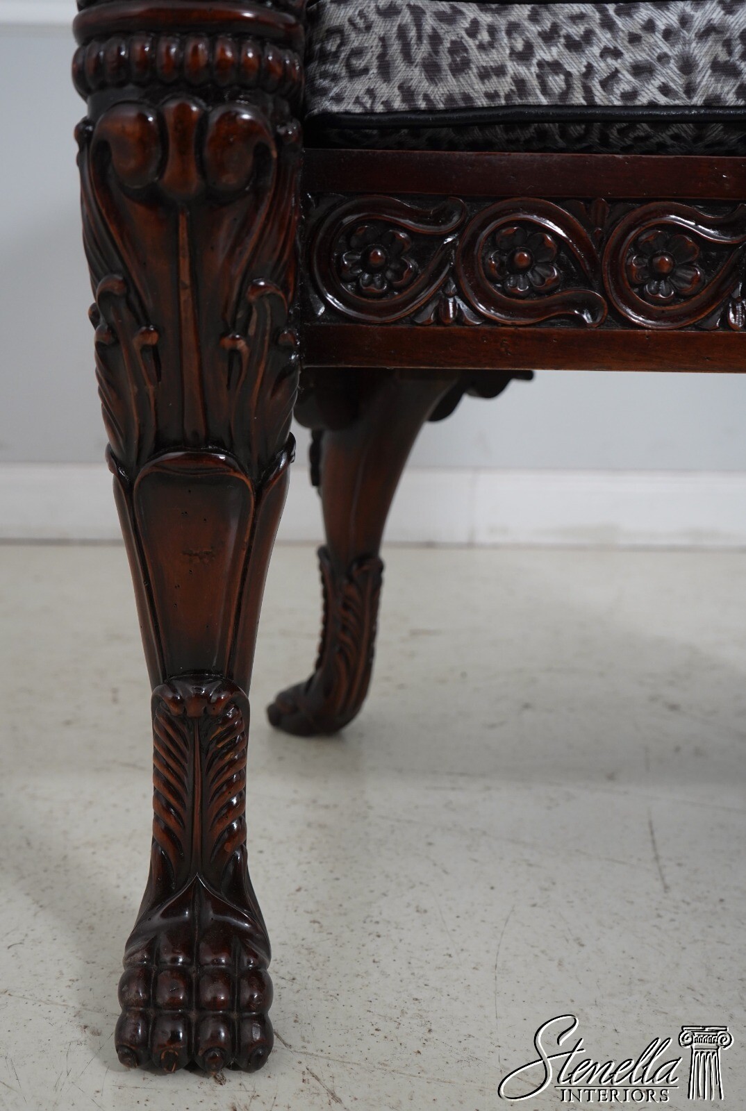 F62511EC: Monumental Ornately Carved Throne Chair w. Upholstered Seat