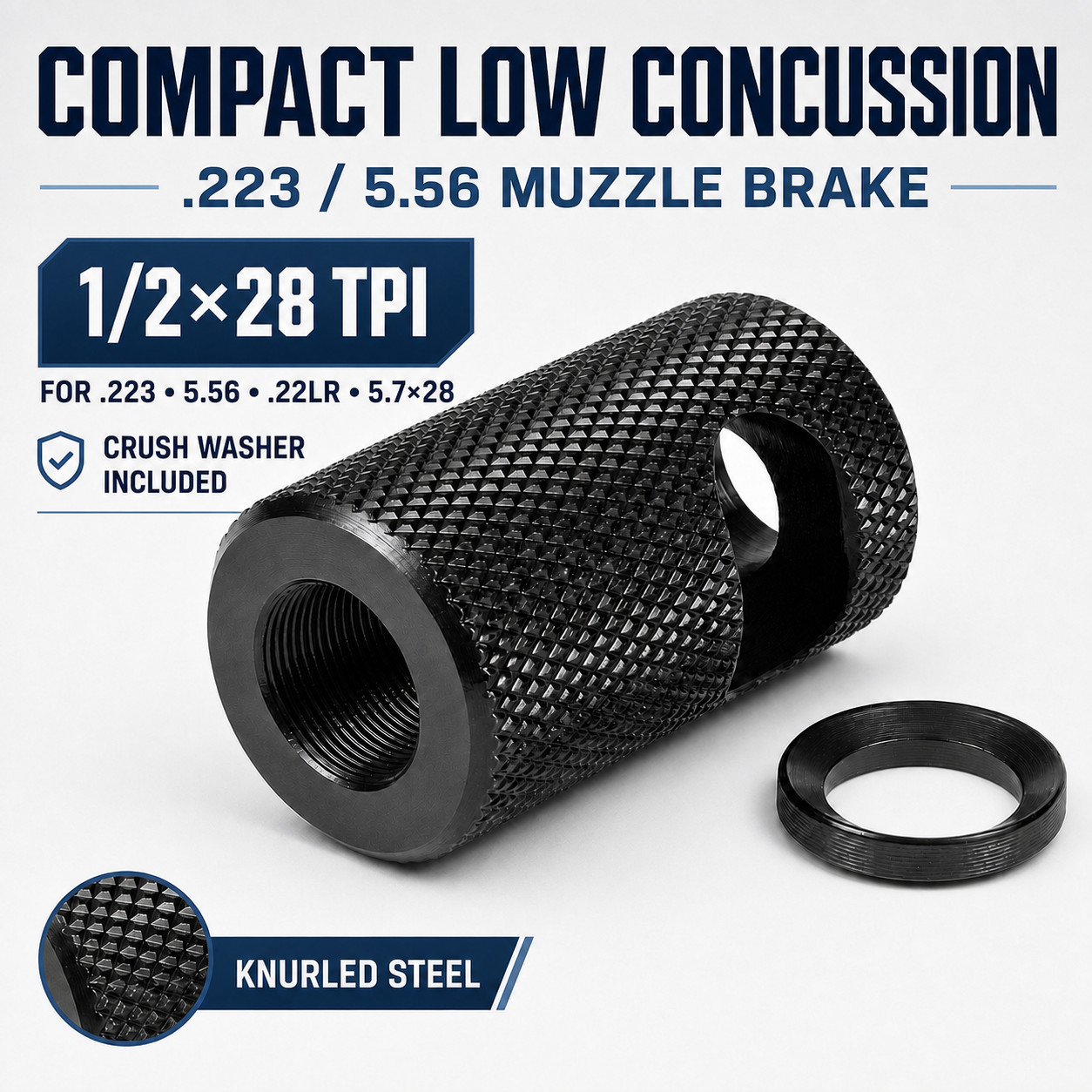Compact Competition Knurled Finish Muzzle Brake 1/2x28 for .223 556 .22LR 5.7x28