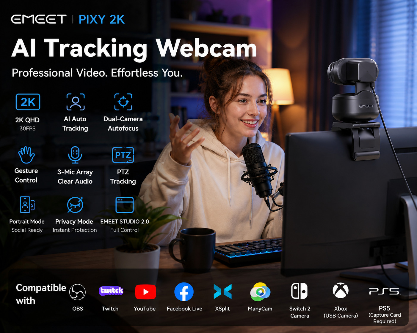 EMEET PIXY 2K AI Tracking Webcam PTZ Gesture Control 1080P60 Sony Sensor