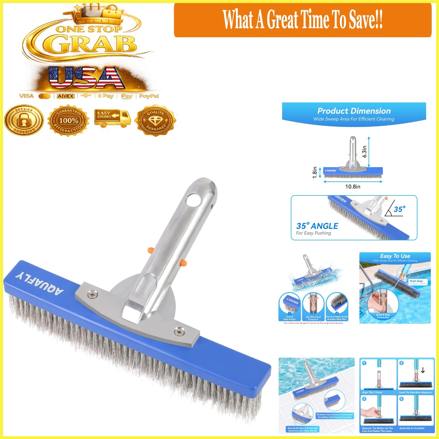 Heavy Duty 10-Inch Stainless Steel Pool Brush for Concrete & Gunite Walls