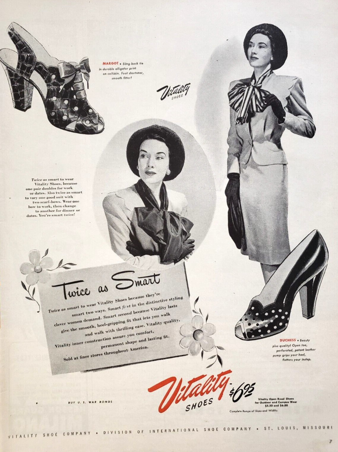 PRINT AD Vitality Shoes 1945 10.5x13 Margot Duchess Open Toe Pumps Heels Vtg