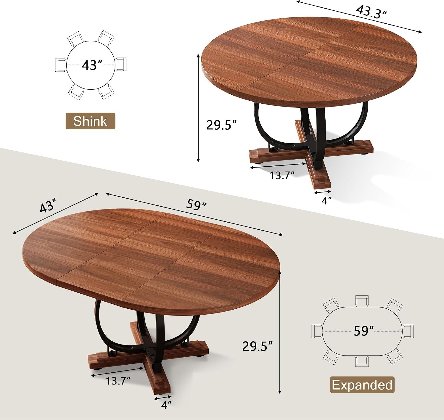 59" Extendable Round Dining Table Modern Oval Kitchen Table W/ Heavy Duty