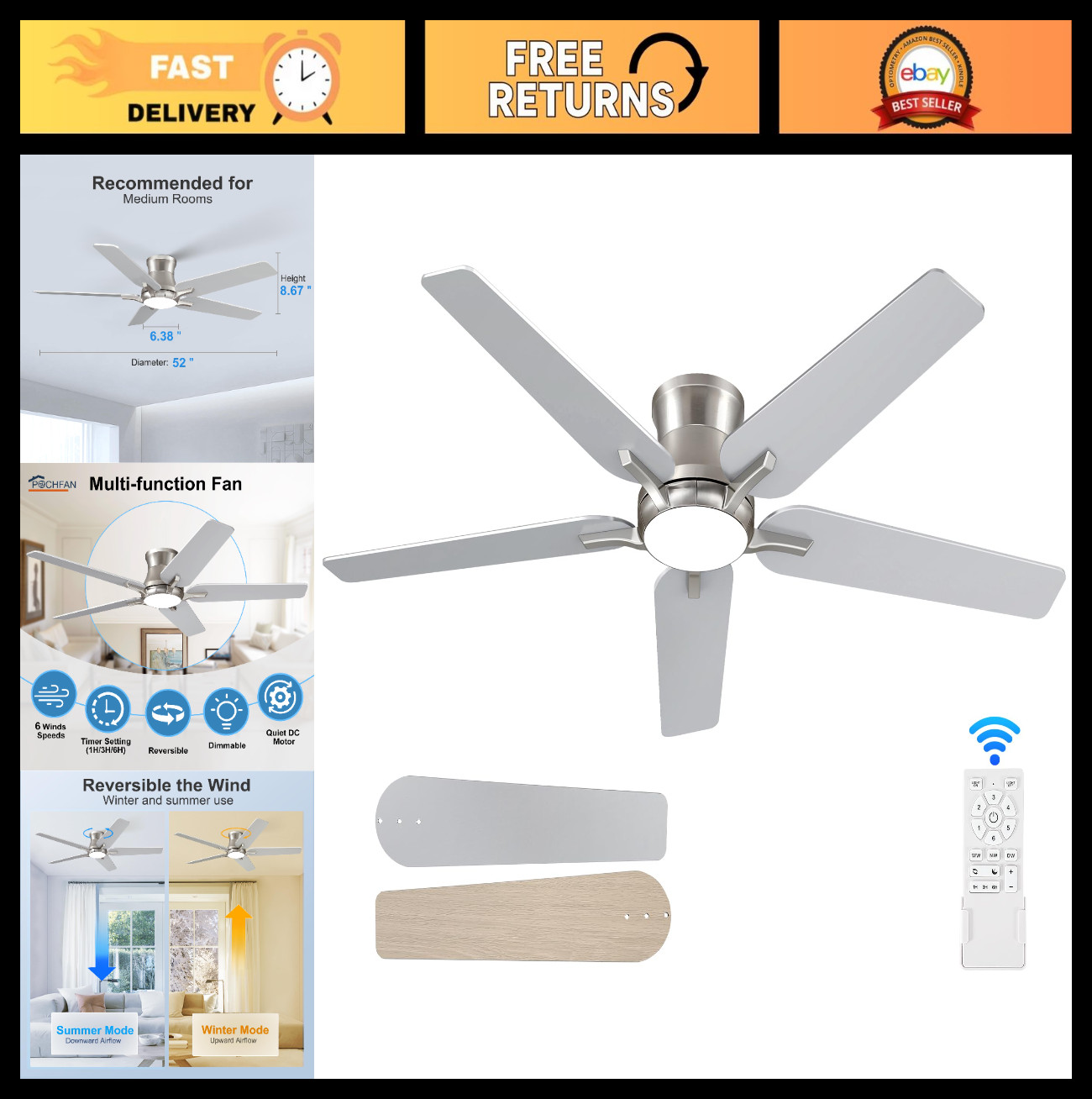 52" Ceiling Fan with Lights & Remote - Brushed Nickel, Low Profile, Dimmable, 6