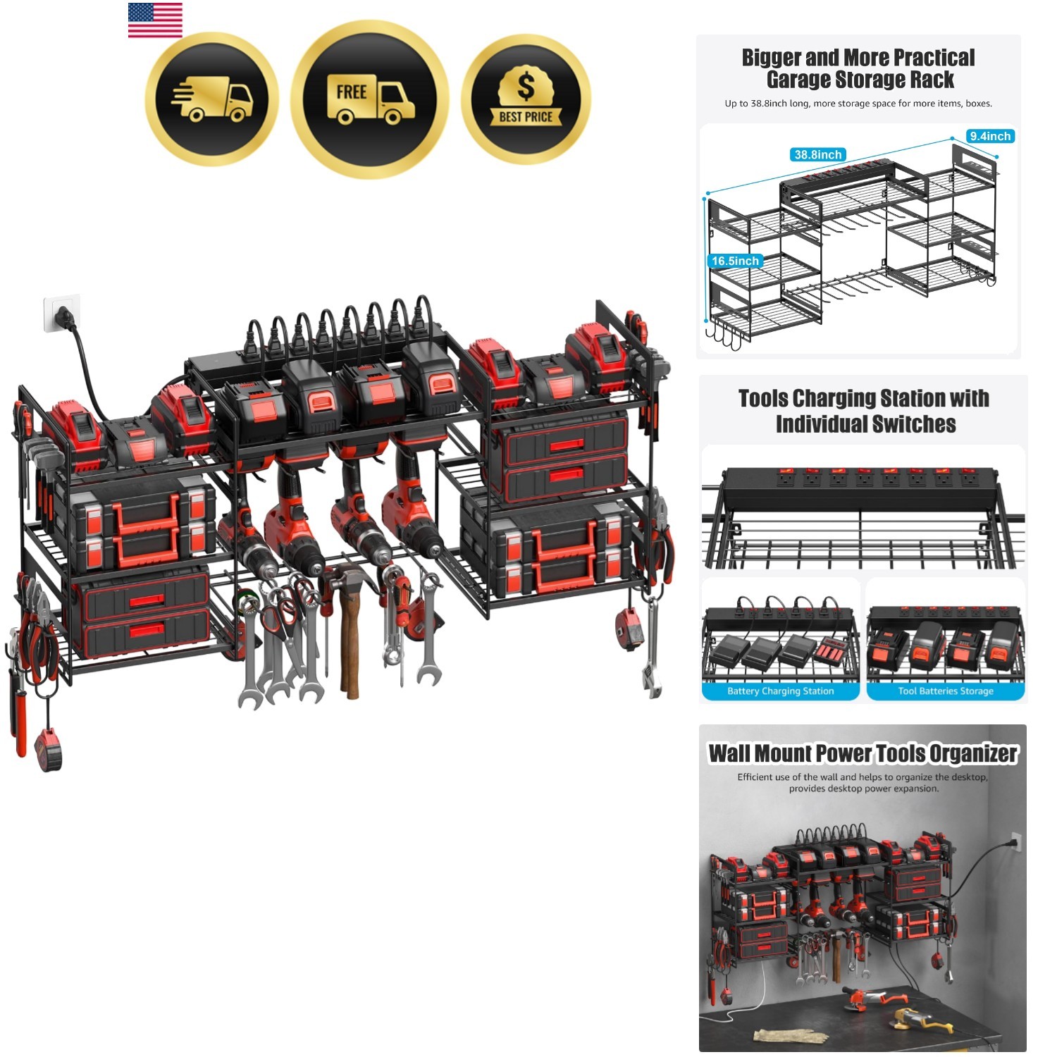 Black Power Tool Organizer Wall Mount, Large Tools and Battery Storage Rack C...