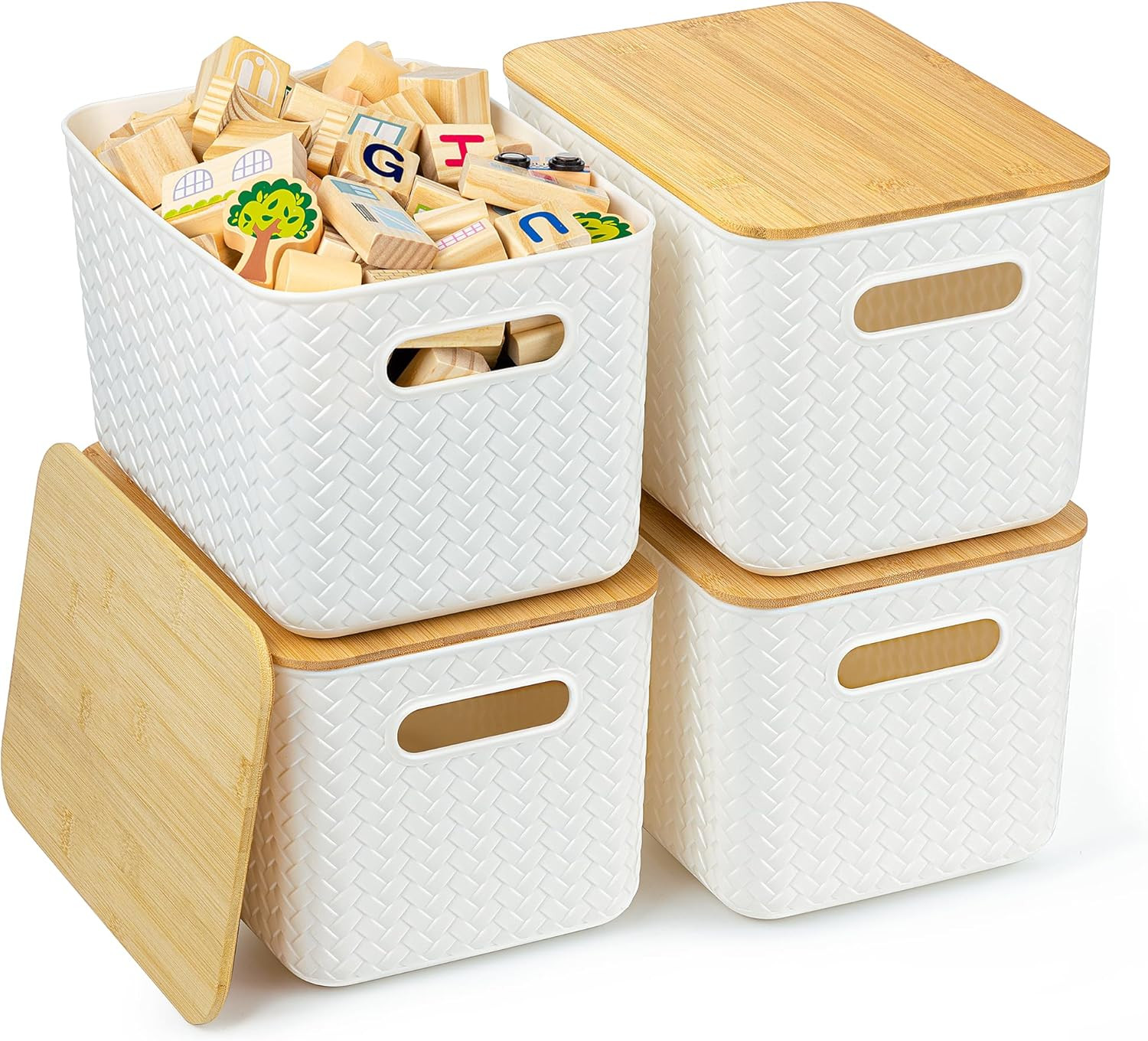4 Packs Storage Bins with Bamboo Lids - Plastic Storage Containers with Lids Sta