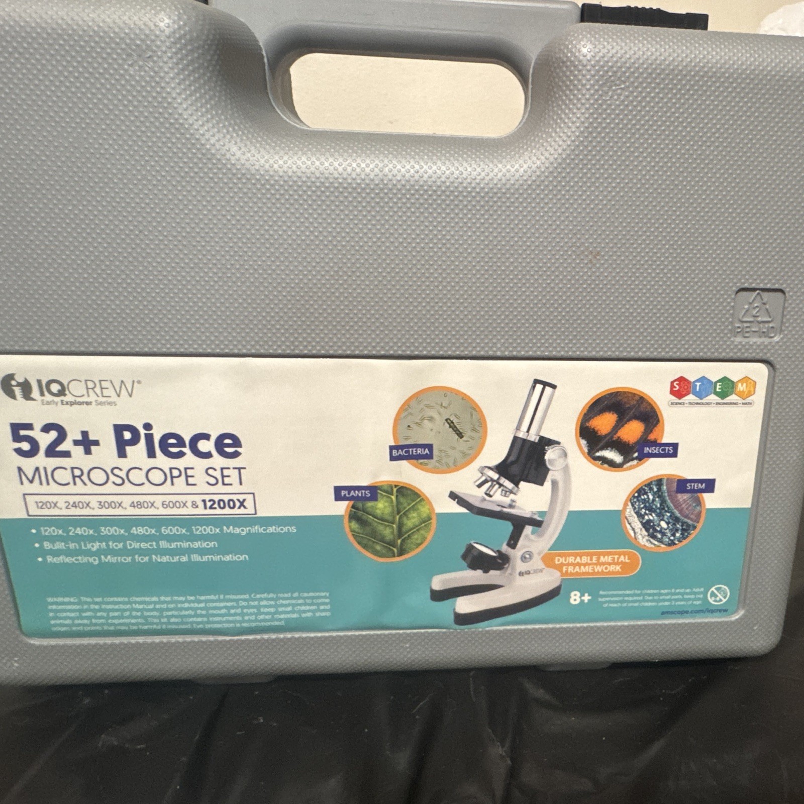 IQCREW 52+ Piece Microscope Set 1200X Educational Kit w/ Carrying Case 8+