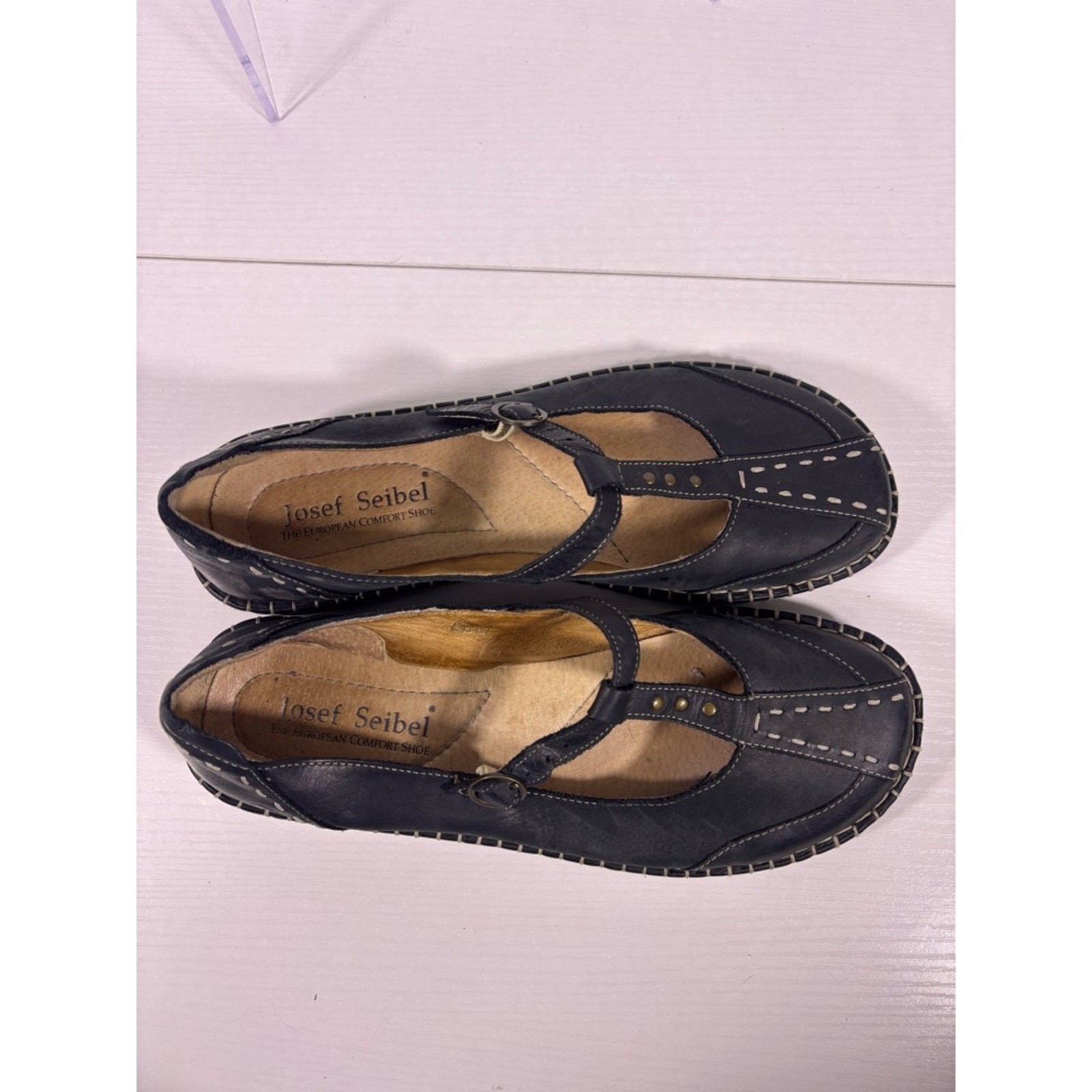 Josef Seibel Black Leather Mary Jane Flats Contrast Stitching Comfort Shoes 41