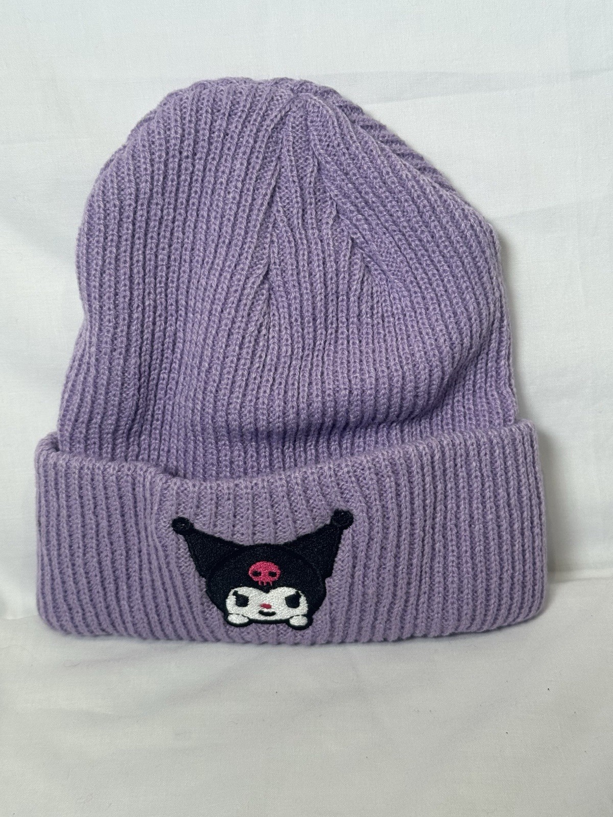 Kuromi Purple Ribbed Knit Beanie Hat Cuffed Anime Goth Cute OSFM