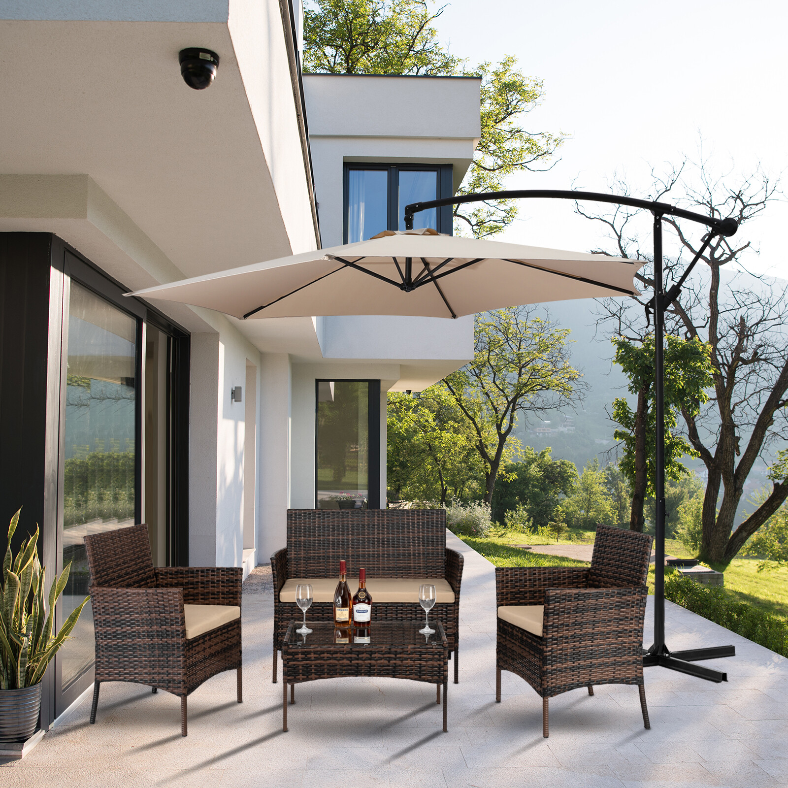 4 Pieces Patio Furniture Set Rattan Sofa Set w/ Loveseat, 2 Chairs, Glass Table