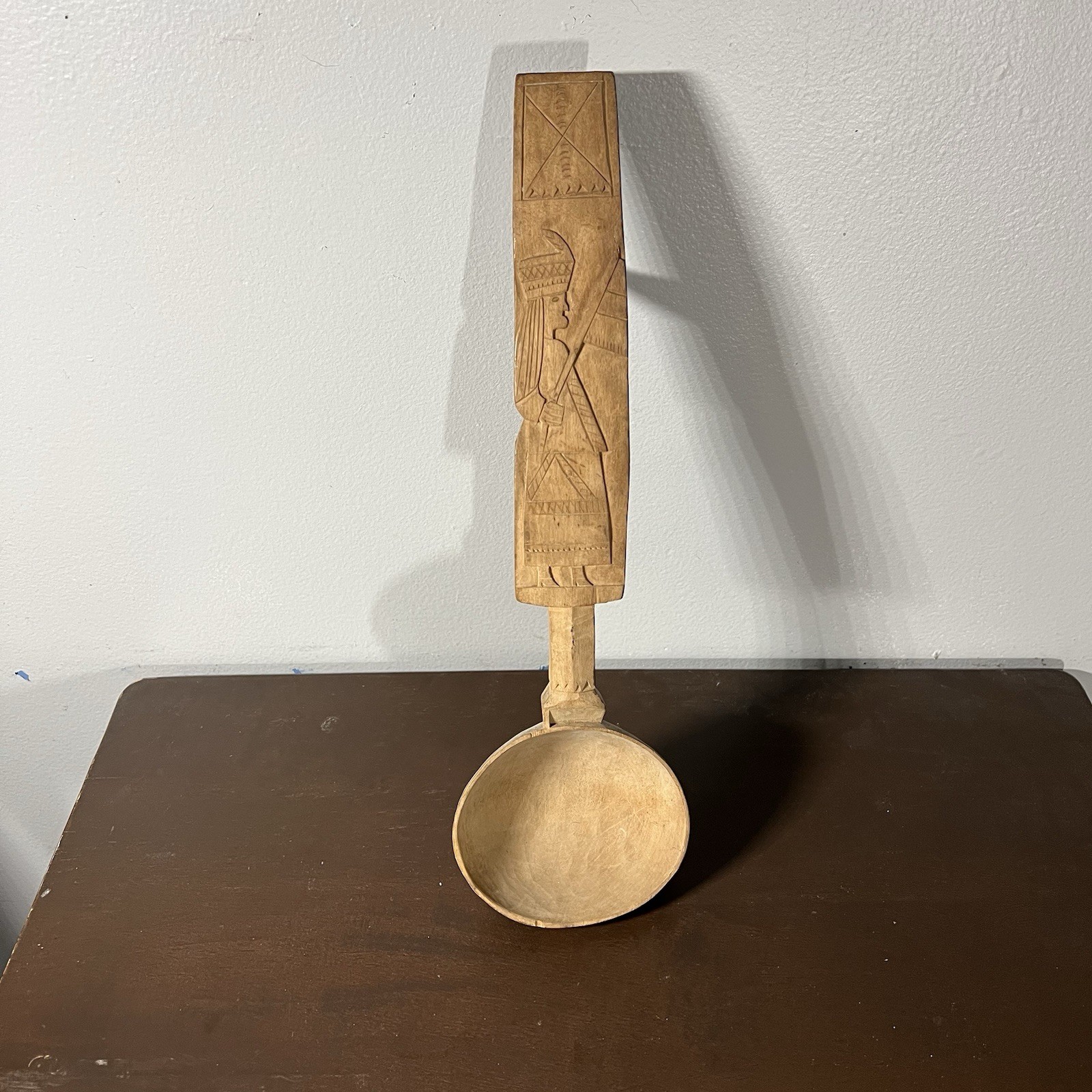 ANTIQUE PERUVIAN PRIMITIVE HAND CARVED AZTEC WOODEN SPOON LADLE 13”