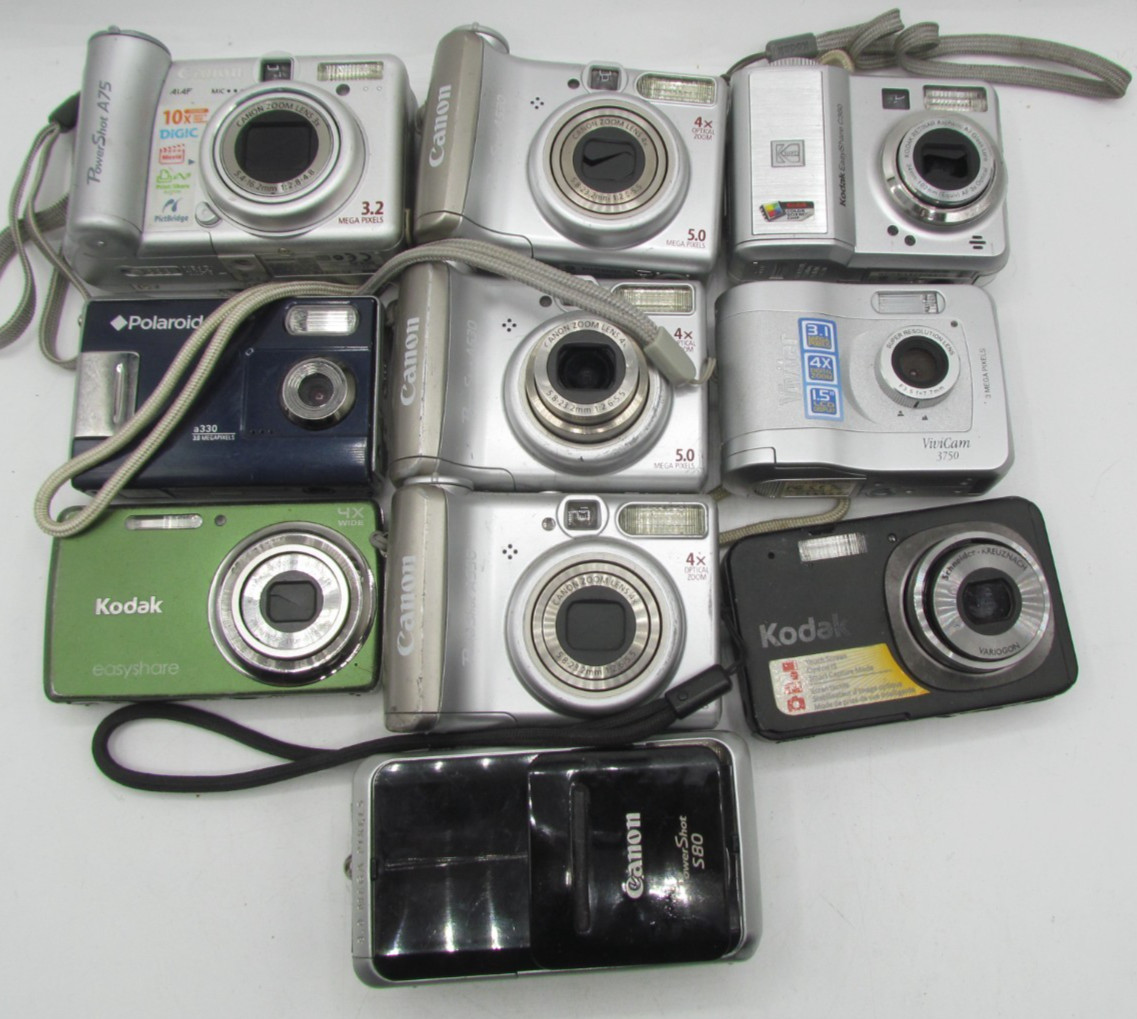 Lot of 10 Mixed Cameras For Parts/Repair Only - Canon Kodak Polaroid Vivitar