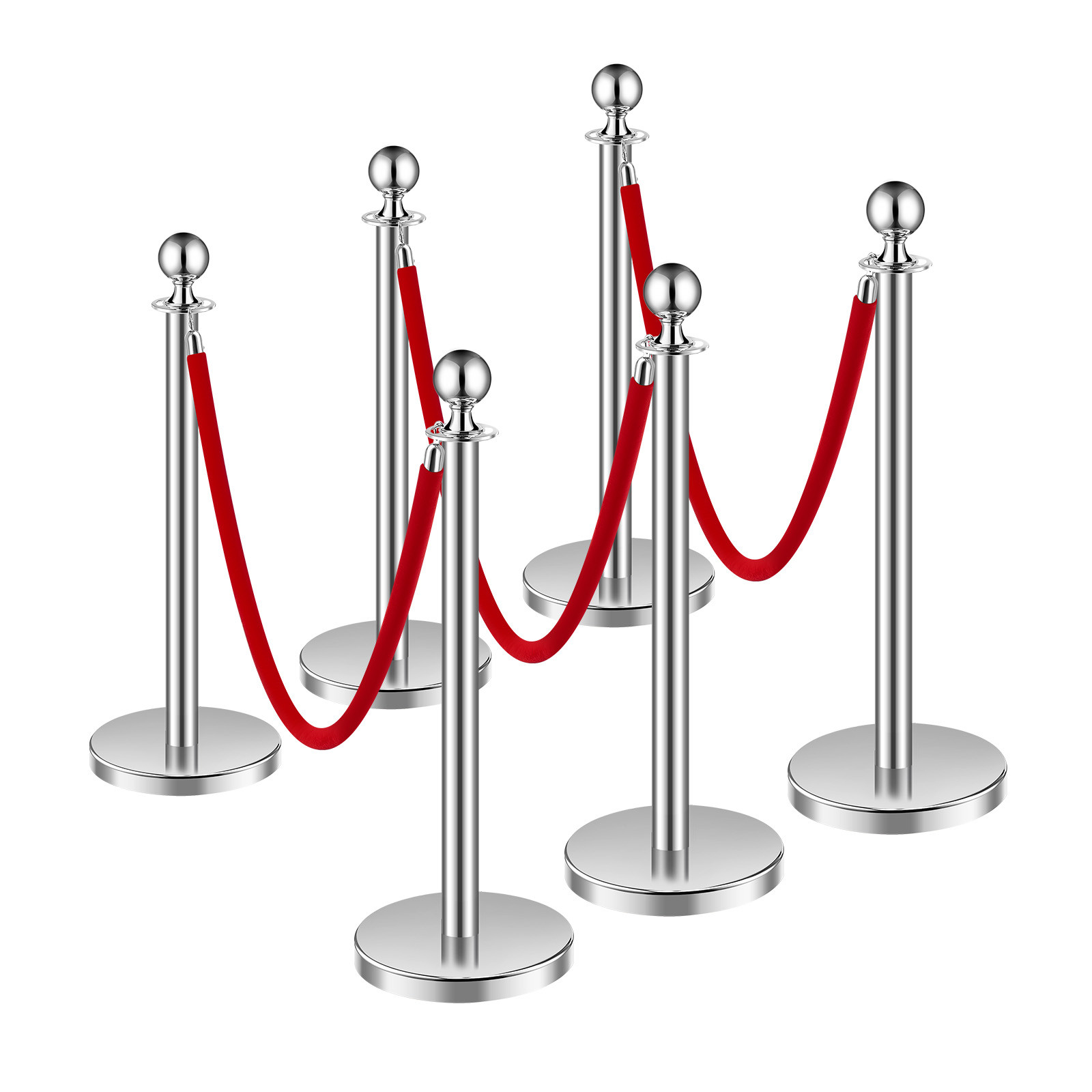 6 Pcs Silver Stanchion Post 3 Red Velvet Ropes Sand Injection Hollow Base