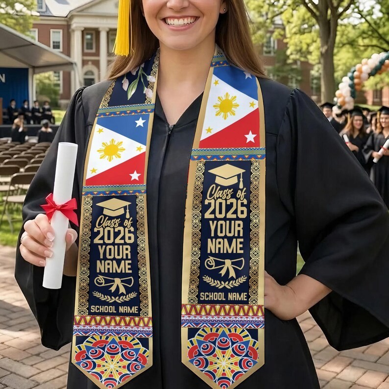 Filipino Graduation Stole Philippines Flag Class of 2026, Personalized Name Scho