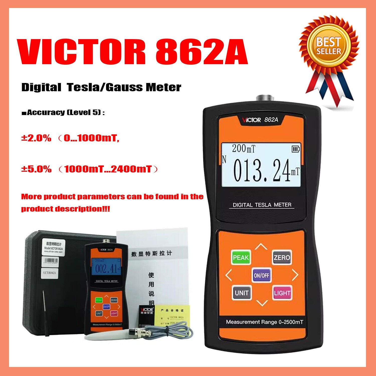 VICTOR 862A 862B 862C Portable Gauss Meter Magnetic Field Measuring Instrument