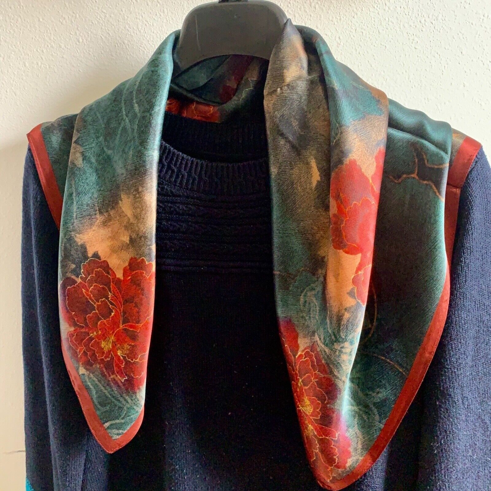 26"X26"Red Peony Print Pure Mulberry Satin Silk 12momme Scarf 65x65cm 6-24