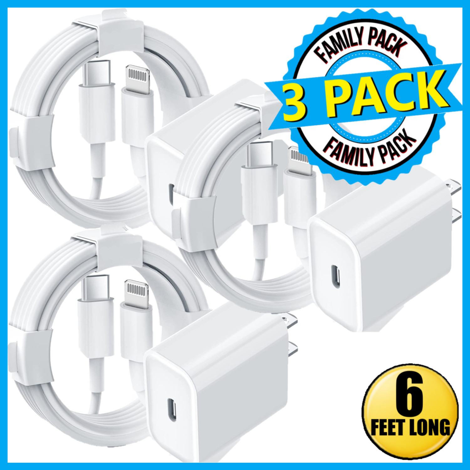 3 Pack Fast Wall Charger Cable For iPhone 12 13 14 15 16 17 iPad X XR XS 8 7 Max