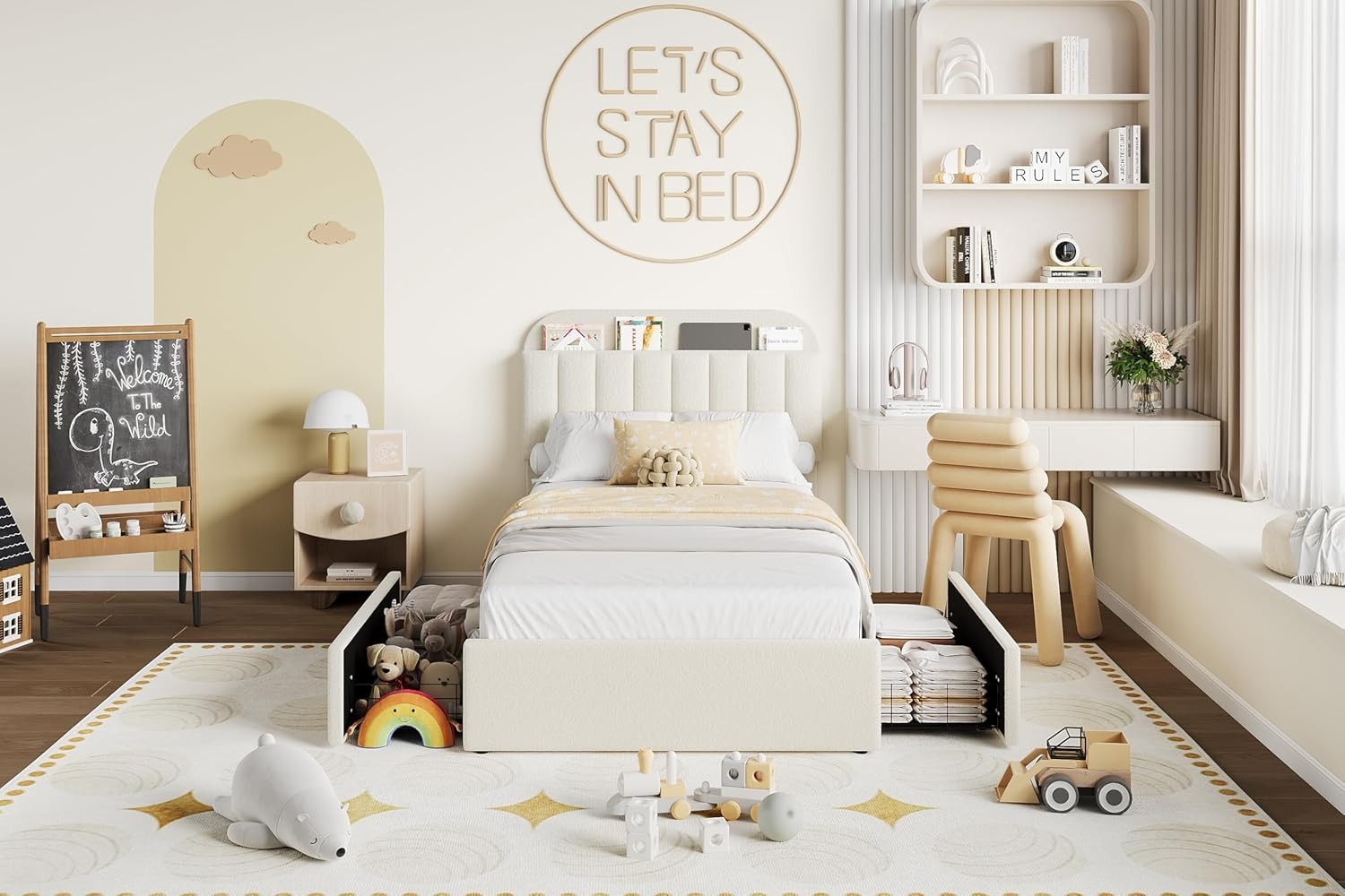 Beige Twin Size Bed Frame Upholstered Platform Bed with Headboard & 2 Drawers