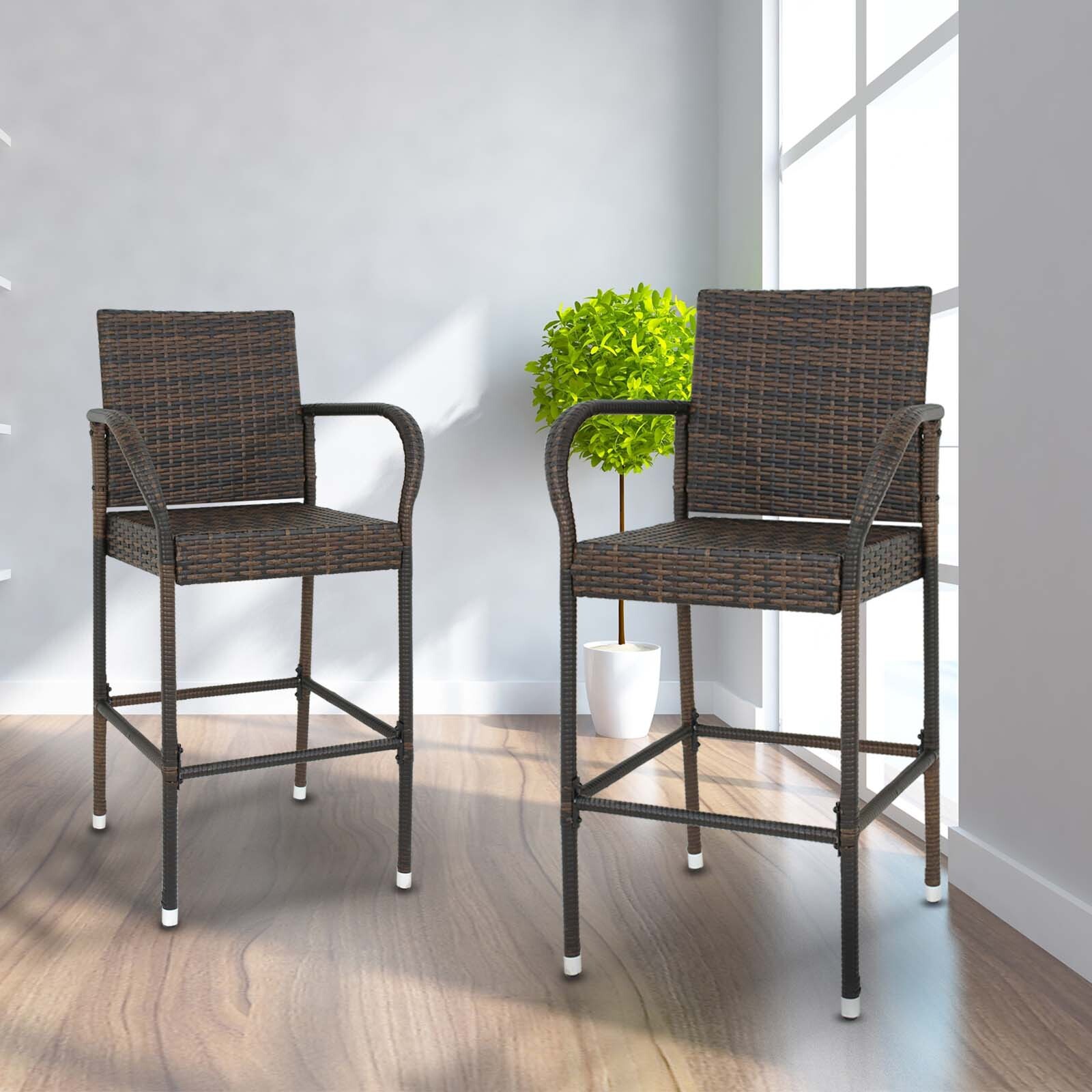 Set of 6 Patio Wicker Barstool Patio Bar Stools Brown Indooor Outdoor Backyard