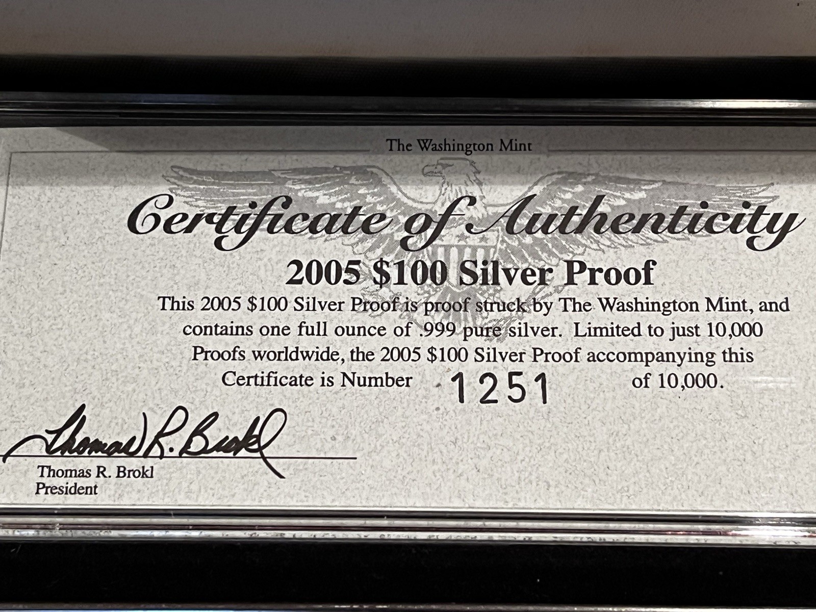2005 $100 Franklin Silver Proof 1 Oz Bar