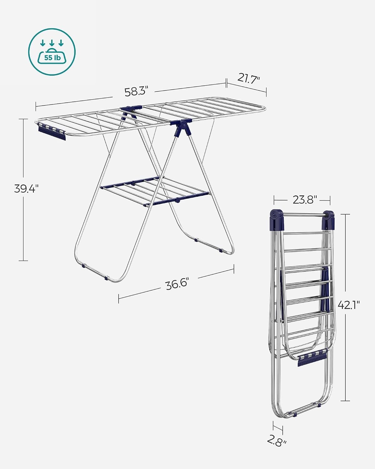 Foldable Metal Drying Rack with Adjustable Wings and Sock Clips