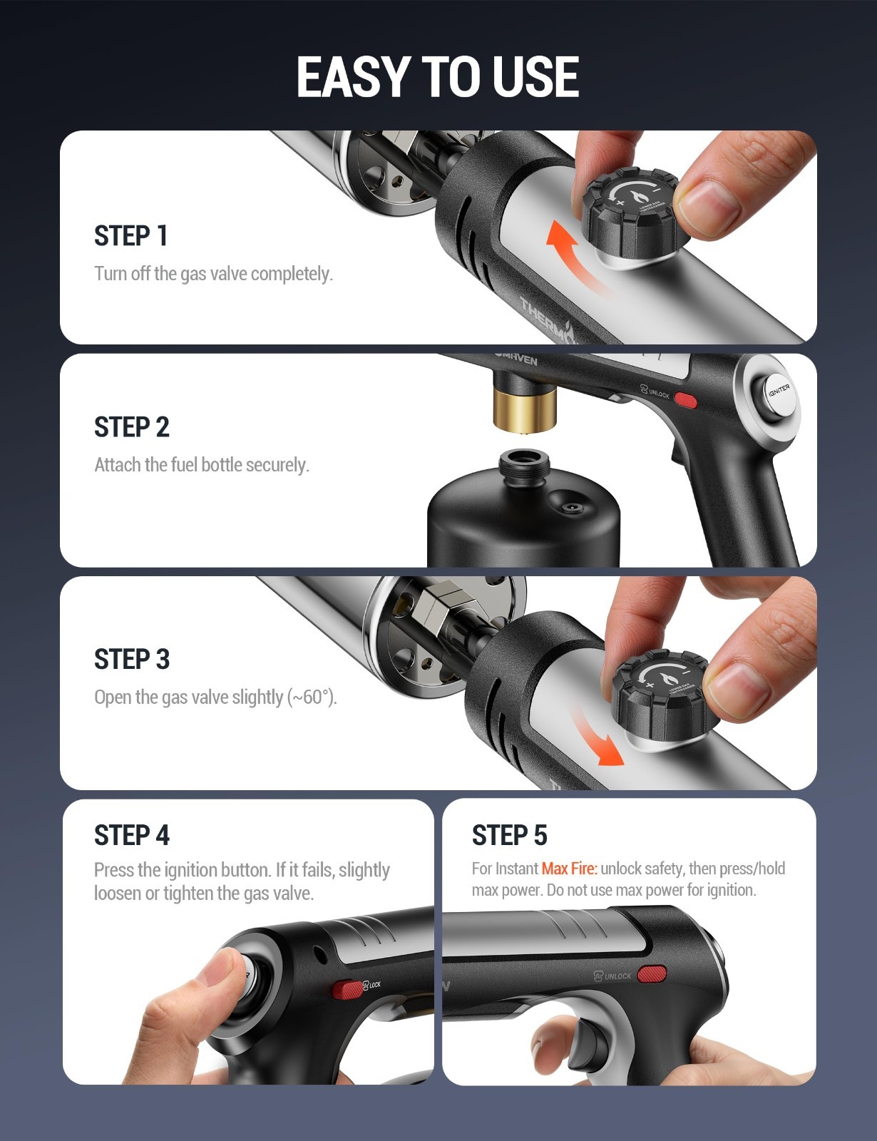High-Performance Propane Torch with One-Touch Max Fire, Safety Lock, BBQ & Cooki