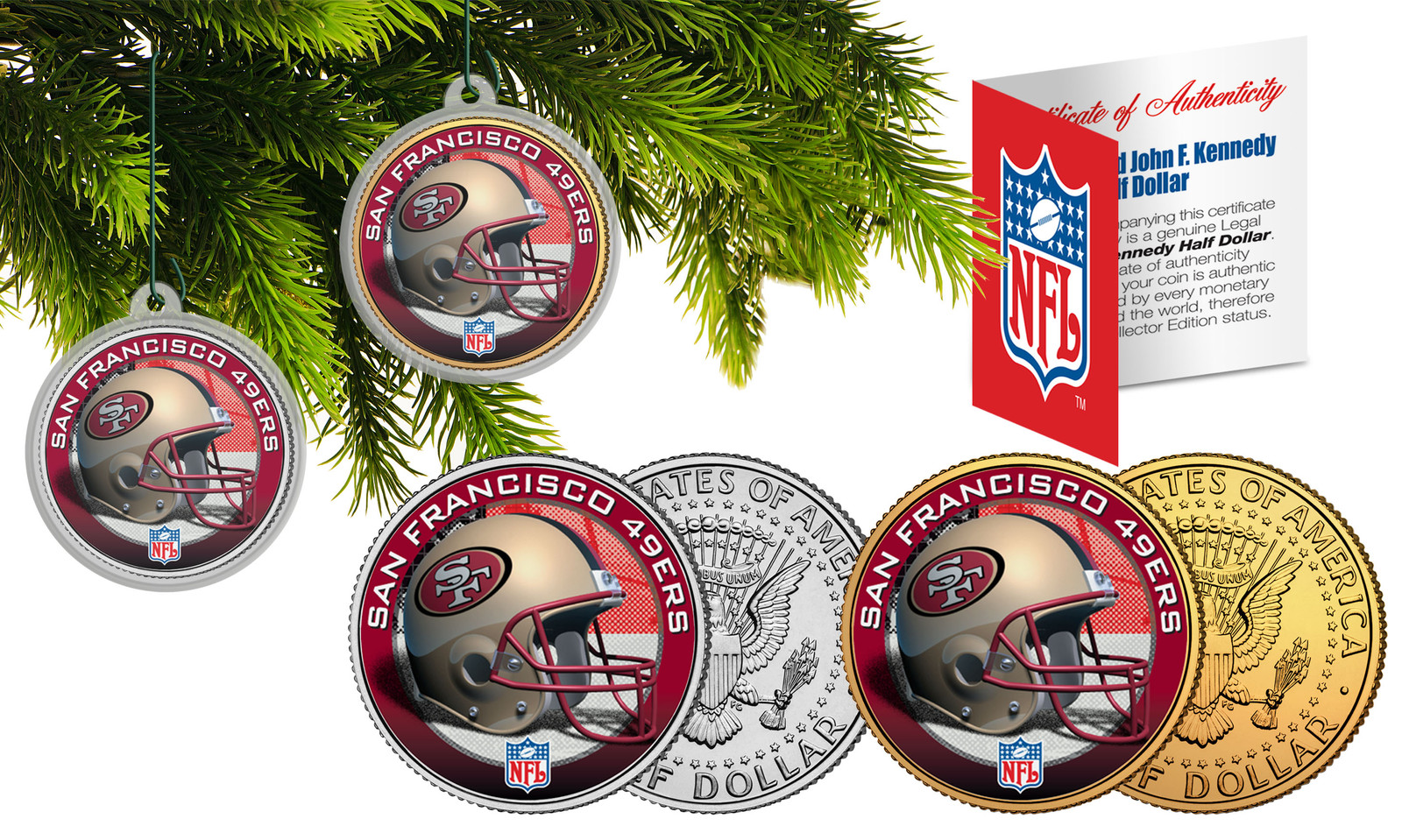 SAN FRANCISCO 49ERS Christmas Tree Ornaments JFK Half Dollar US 2-Coin Set NFL