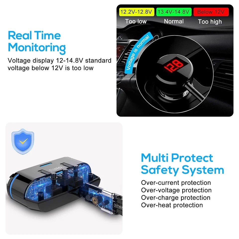 5-in-1 3Way Car Cigarette Lighter Socket Splitter Fast Charger Power Adapter 12V