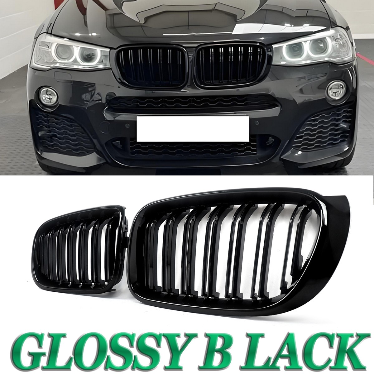 For BMW X3 X4 F25 F26 2014-2017 Front Bumper Gloss Black Kidney Grill Dual Slats