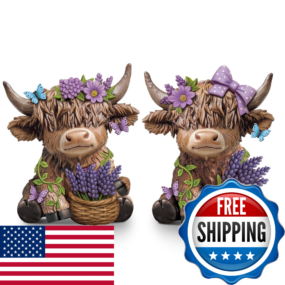 Wesiti 2 Pcs Lavender Highland Cow Figurines Spring Highland Cow Gnomes Scottish