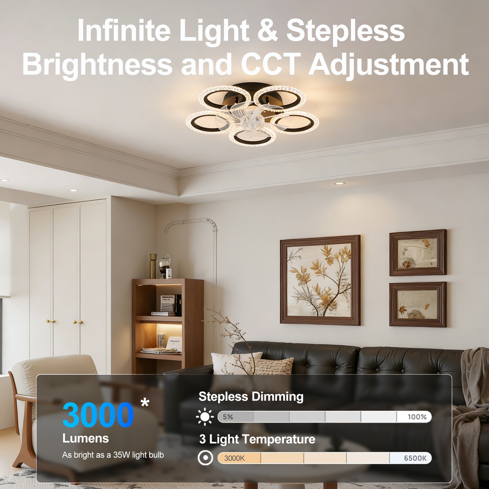 20''Modern Ceiling Fan Lights Remote Control.Black,6 Speeds 3 Light Color Low